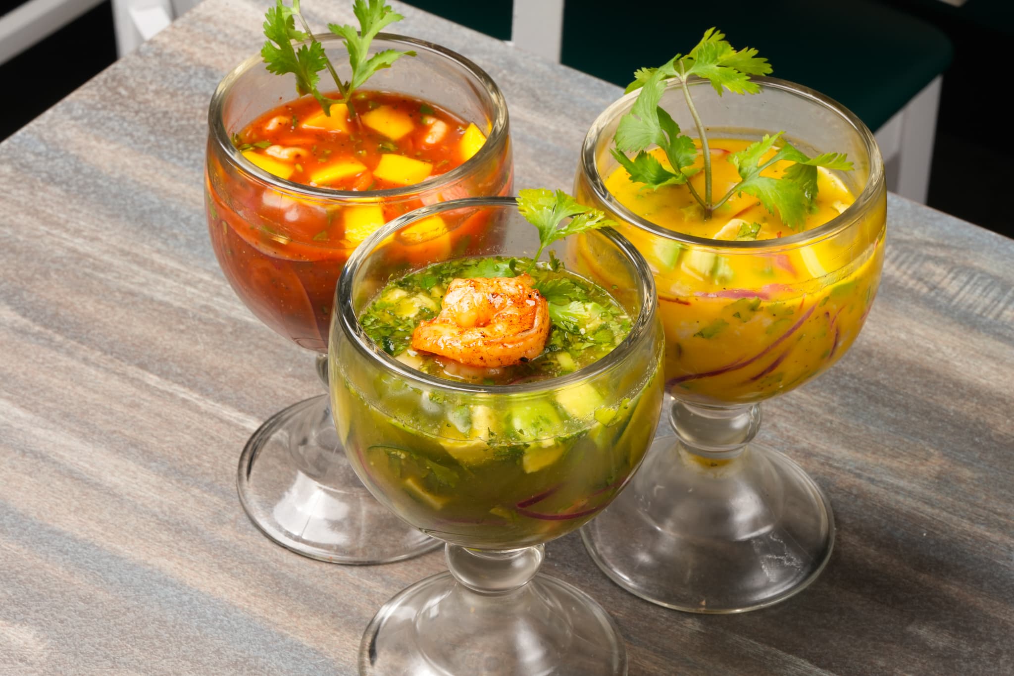 Mexican shrimp cocktail served at Tiempo D' Tacos on SW 8th Street, Miami